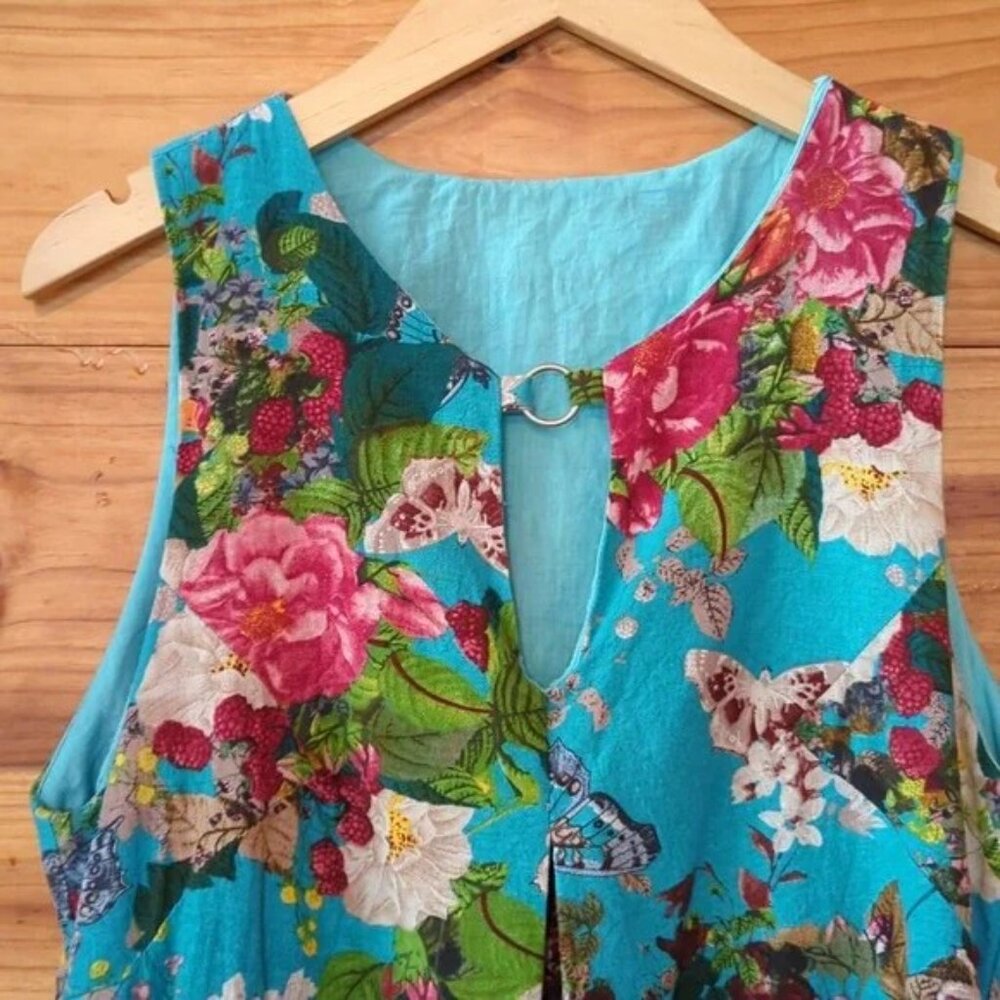 Umgee Dress Blue Floral Butterfly Keyhole Neck Swing Babydoll Size L Boho Preppy - Picture 2 of 7